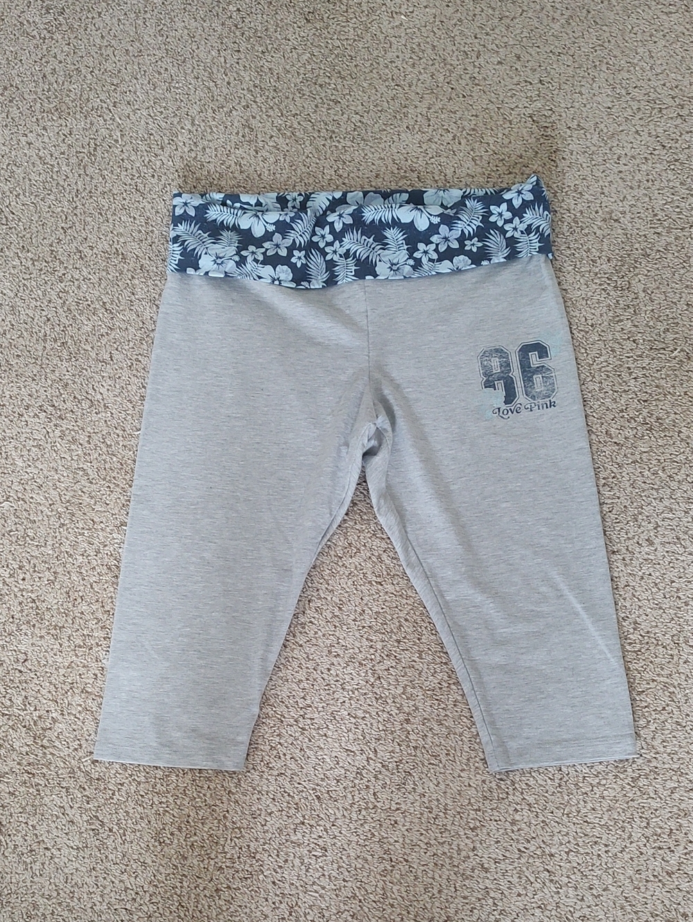 PINK Victoria's Secret Grey Capri Leggings with Navy Floral Waistband